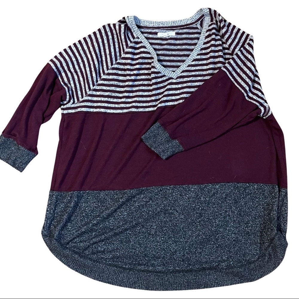 5/$20 Maurices 3/4 length sweater maroon gray stripes